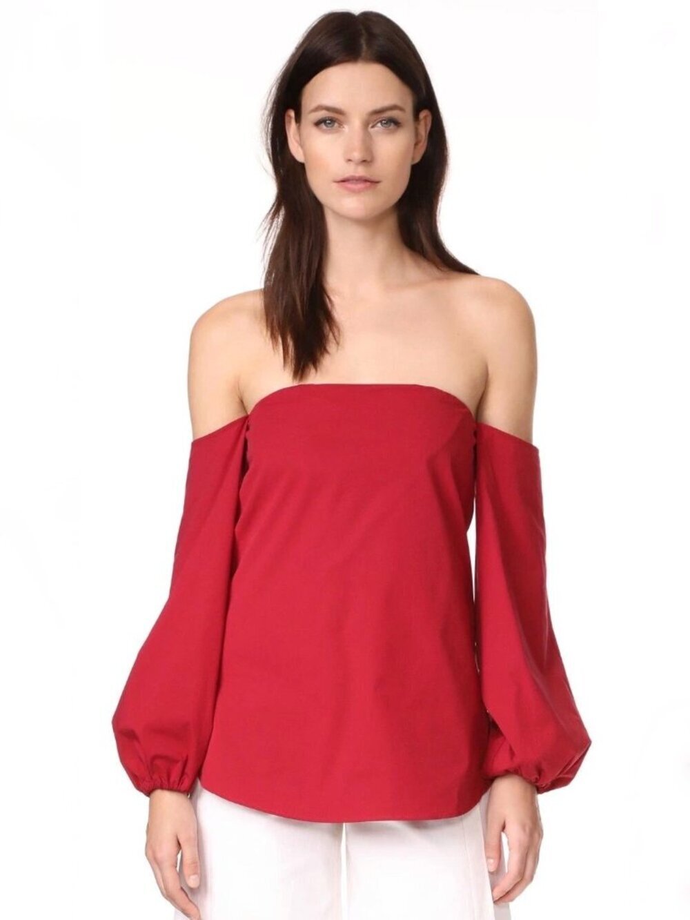 NWT THEORY Laureema Crimson Red Cotton Light Poplin Off Shoulder Blouse, Size 00